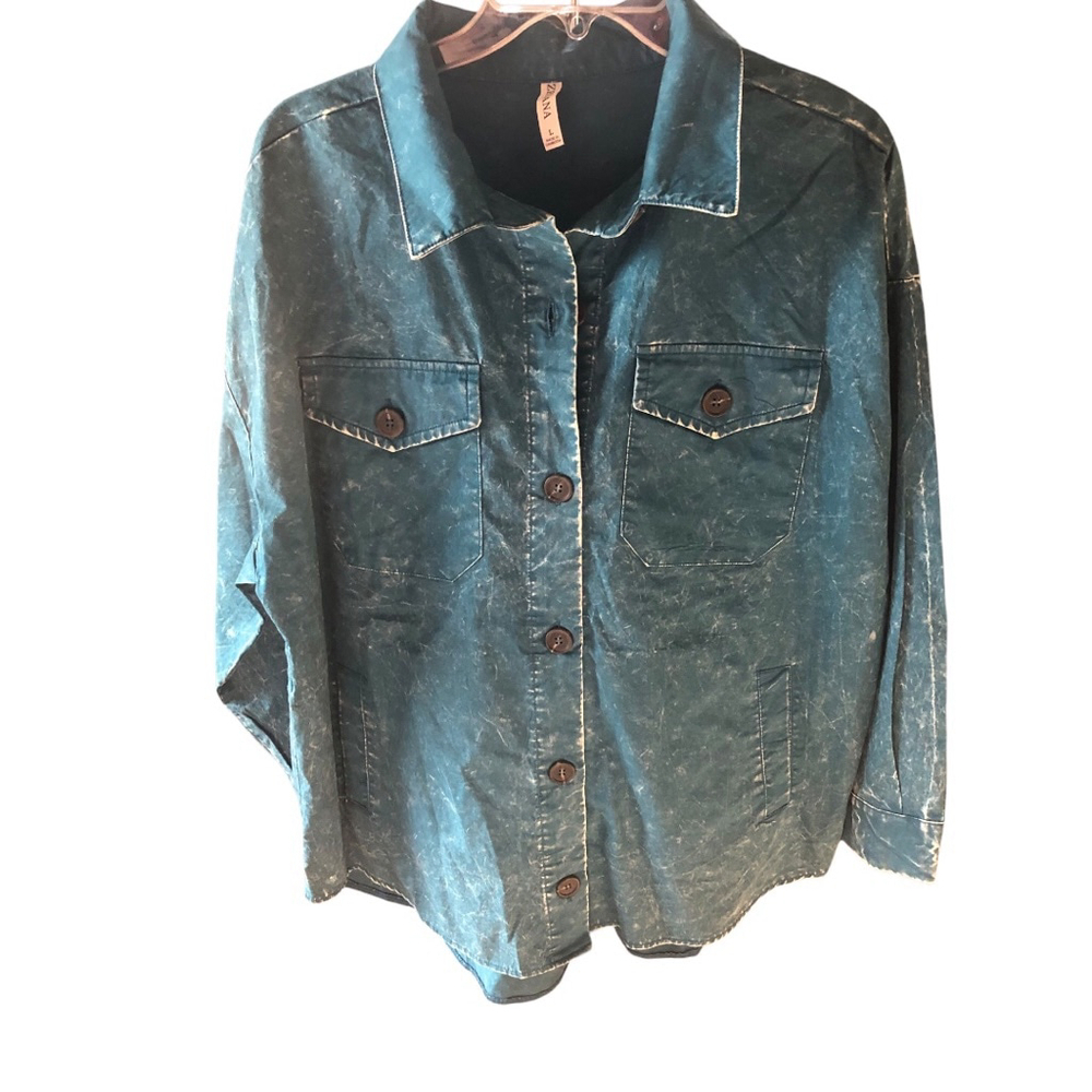 Zenana Solid Mineral Washed Shacket Size L (PTP 23” approx.) Teal - Picture 2 of 7